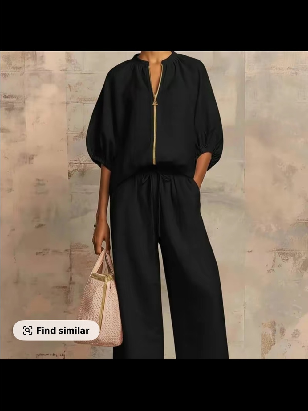 NWT elegant Women's Black Zip-Front Set w/ gold zipper. 2 pieces.